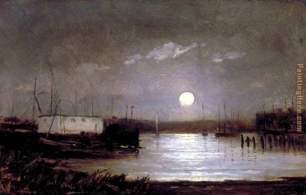 moon over a harbor, wharf scene with full moon and masts of boats